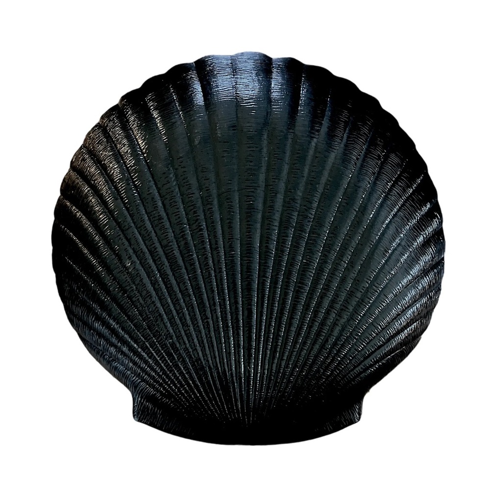 80s French Black Glass Clam Shell Serving Platter Nautilus Coastal